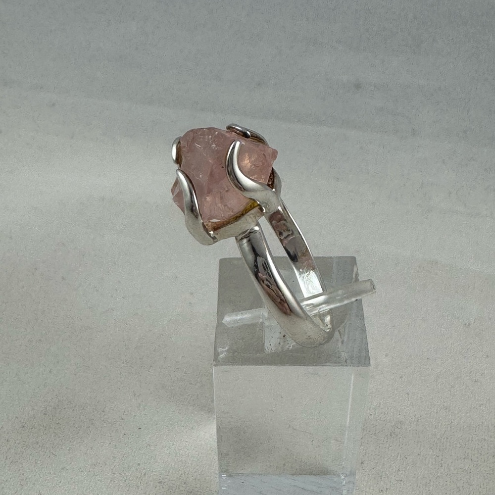 Raw rose quartz crystal set in sterling silver ring